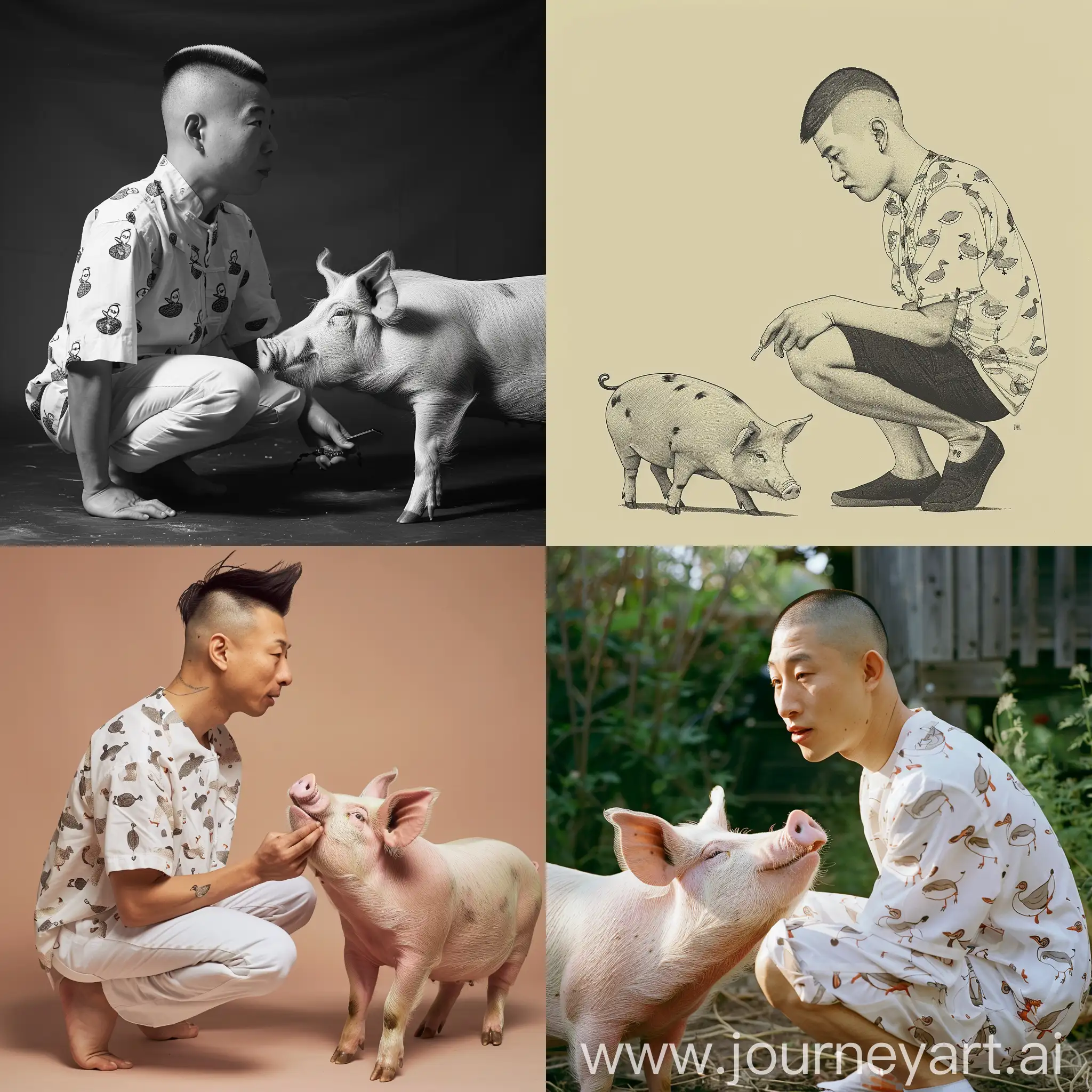 A Chinese man. Inch haircut. Wearing a white shirt with a duck print all over it. Half-squatting. Is teasing a pig.