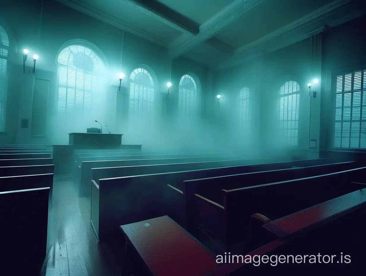 Foggy courtroom, cool colors, creepy atmosphere