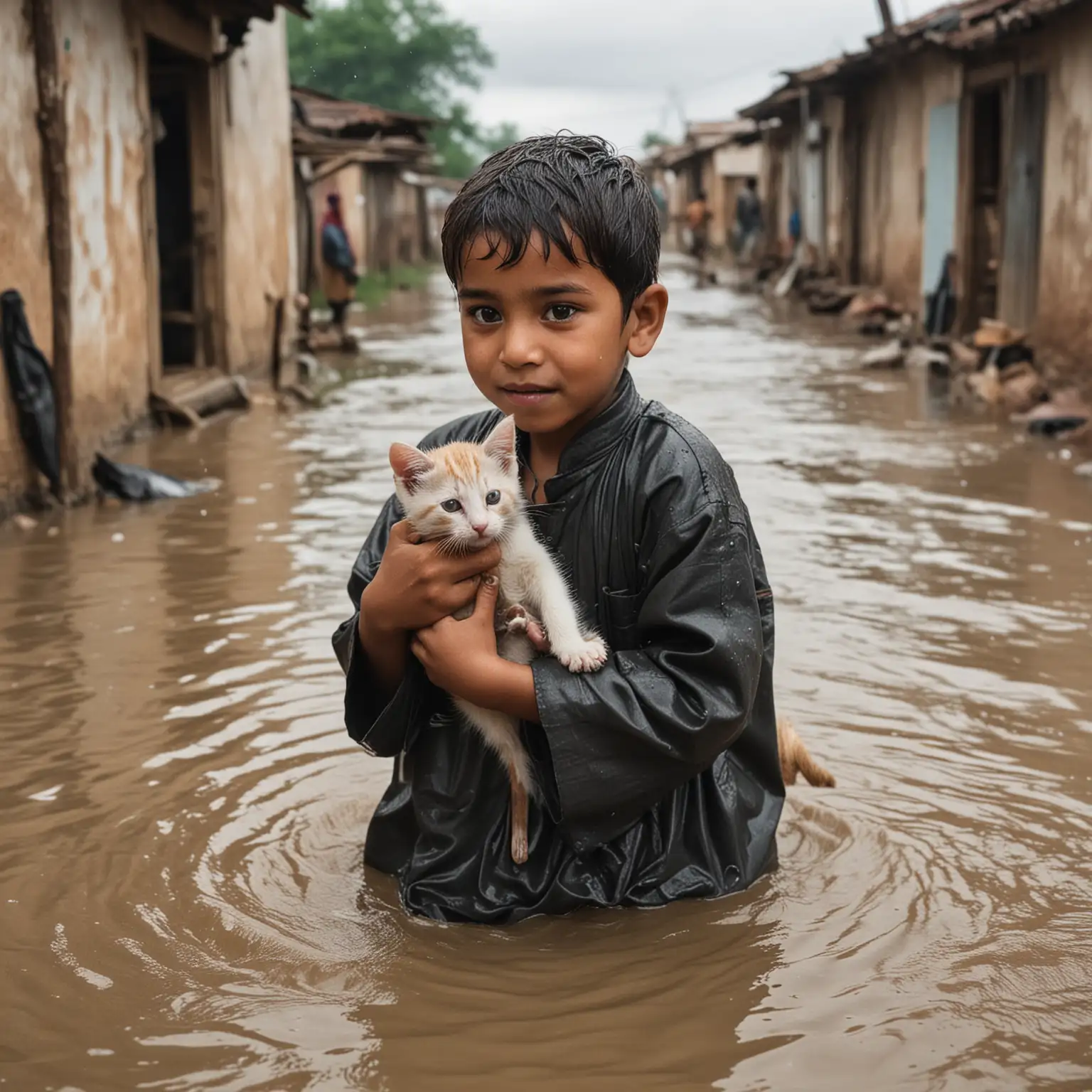 /imagine prompt: In a war-torn village, an orphaned Muslim child bravely rescues a tiny kitten from rising floodwaters, the child's hands tenderly cradling the frightened animal, debris scattered around, sunlight piercing through the storm clouds, capturing the child's hopeful expression and the kitten's vulnerability, Photography, DSLR camera with a 50mm lens, f/2.8 aperture, --ar 16:9 --v 5