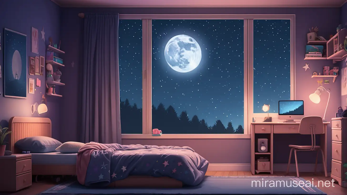 Create a lofi style background of a teenager's room at night with moonlight and stars