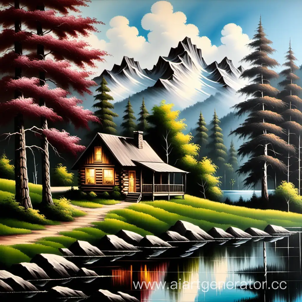 Bob-Ross-Painting-Serene-Cabin-in-the-Country-Summer-Landscape