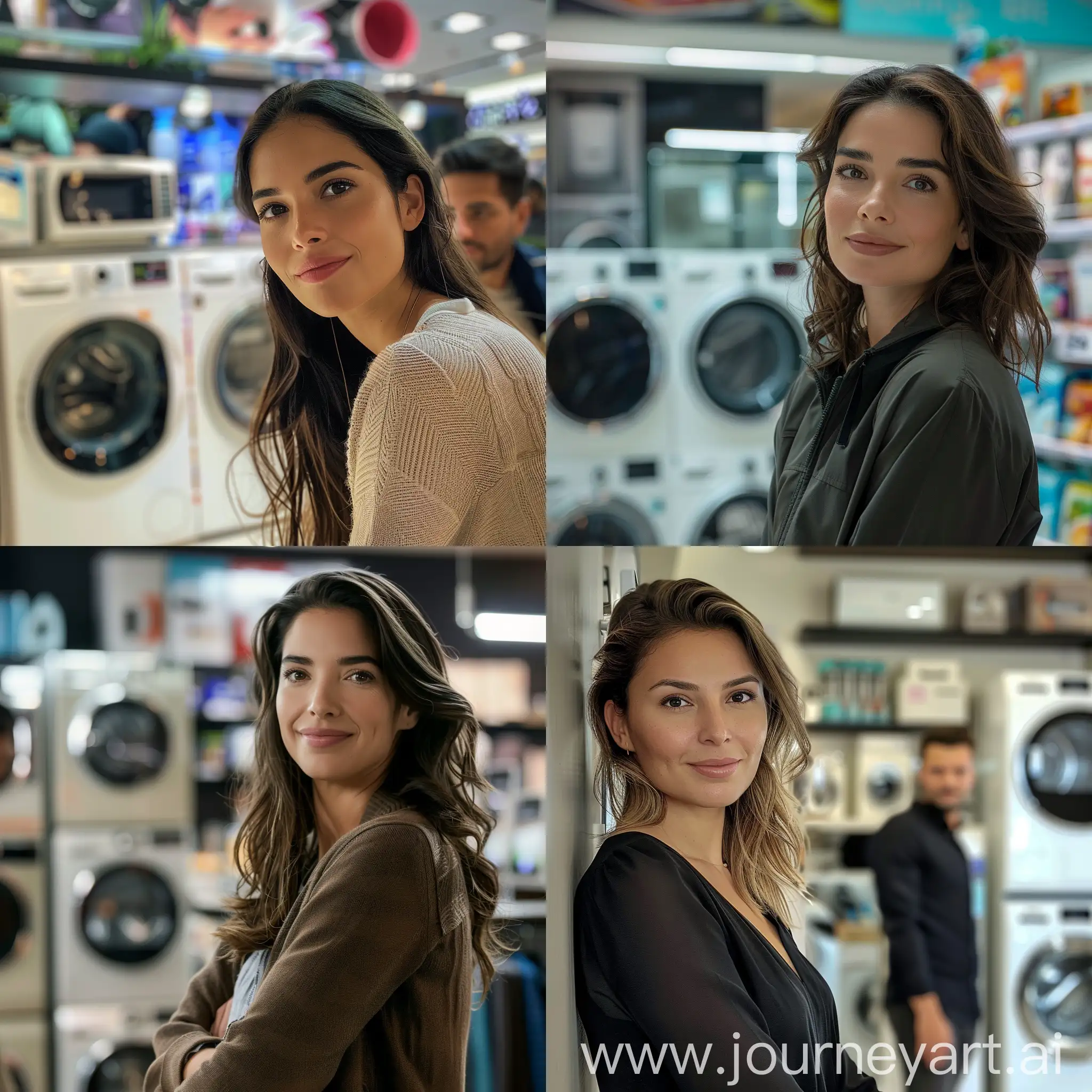 ana de armas actor is waiting for her husband to buy in a home appliance store, looking at the camera and smiling. Behind him is an image of a home appliances store washing machine refrigerator, high quality, super real, with calm colors.