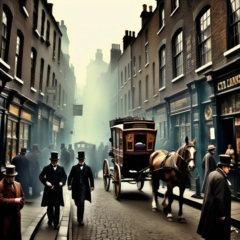 Victorian London Street Scene Crowded Alleys and Antique Stalls in Dense Fog