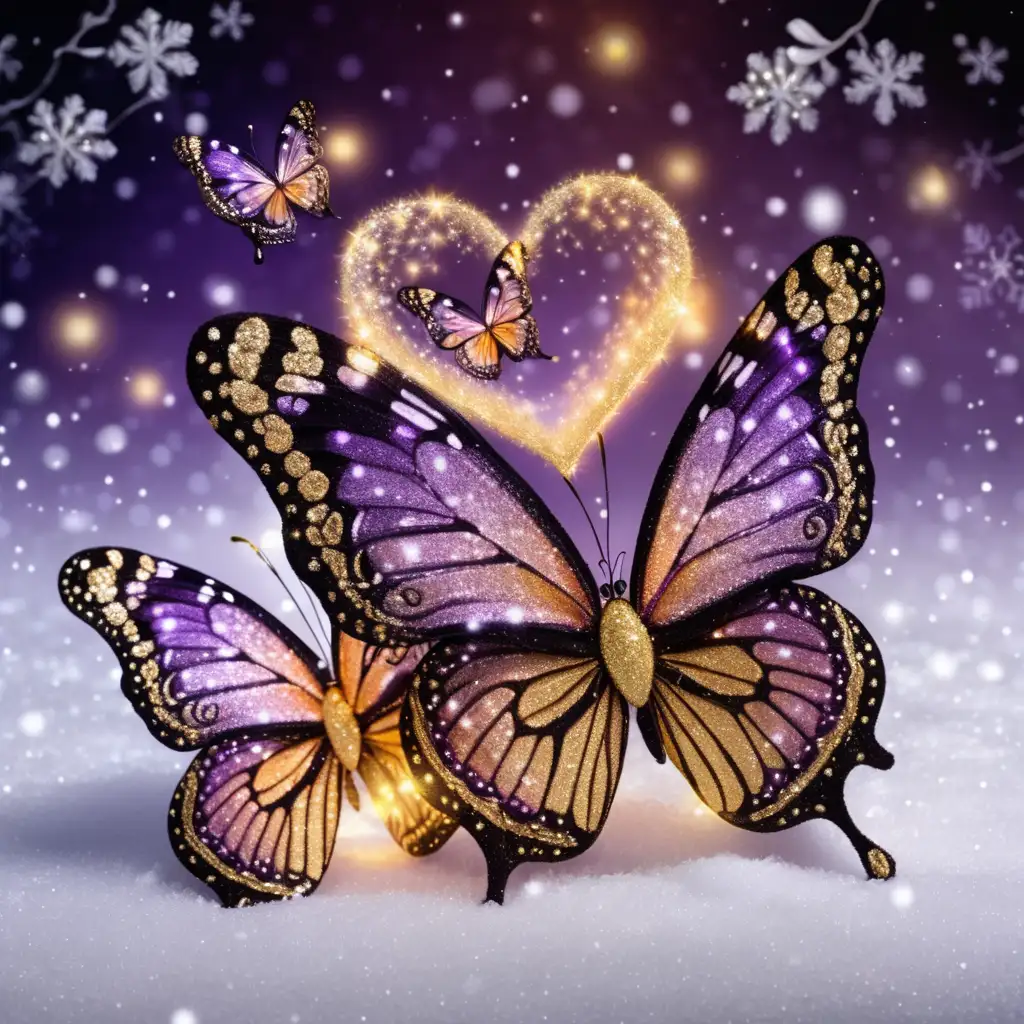 Glitter glowing triple hearts , with  tiger lily flowers, in a snowy glistening winter background, one beautiful delicate lacey glistening butterfly, glitter, gloving, transparent, dark purple, Black and gold
