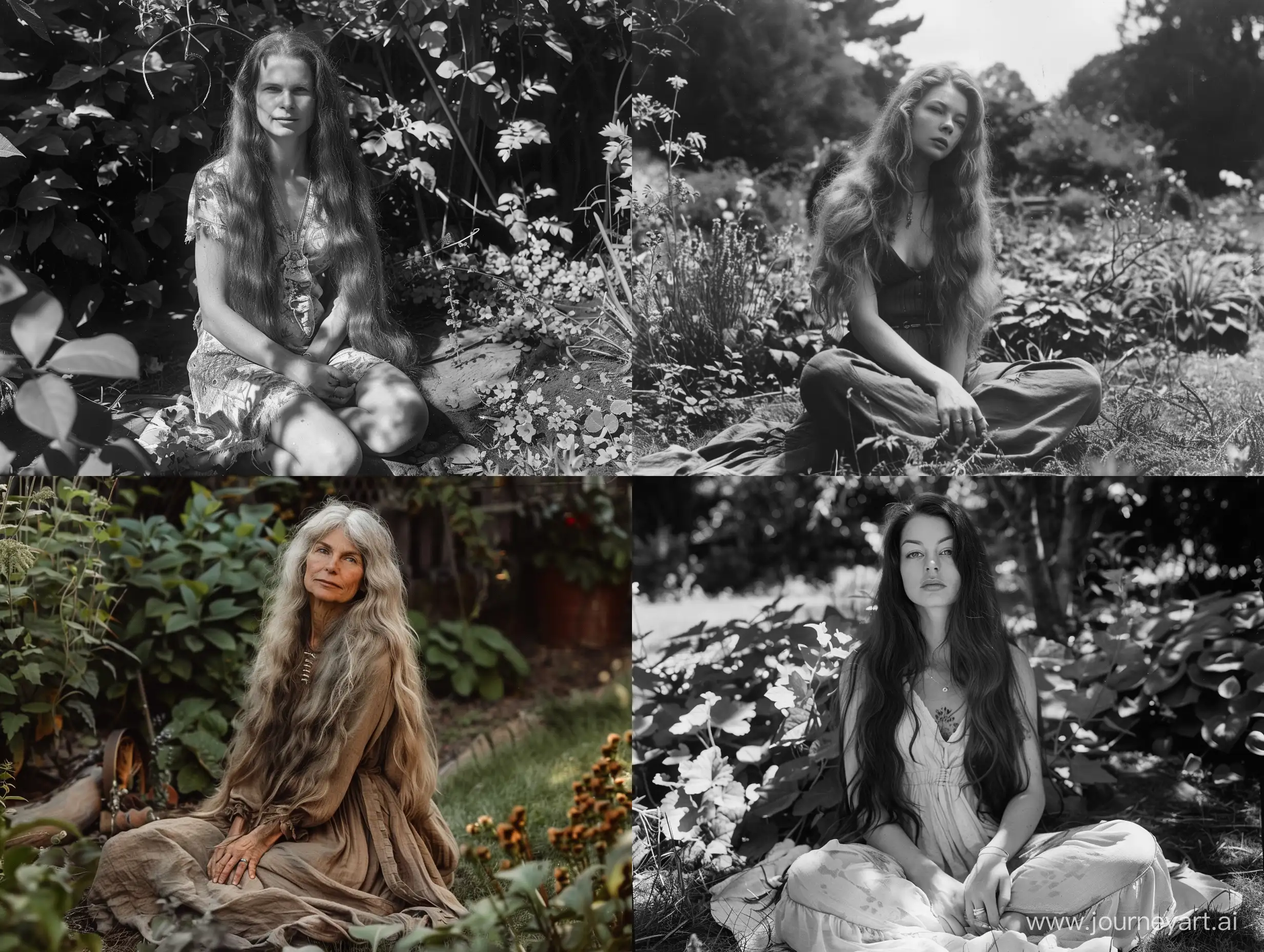 long-haired woman in 50s sitting in a garden