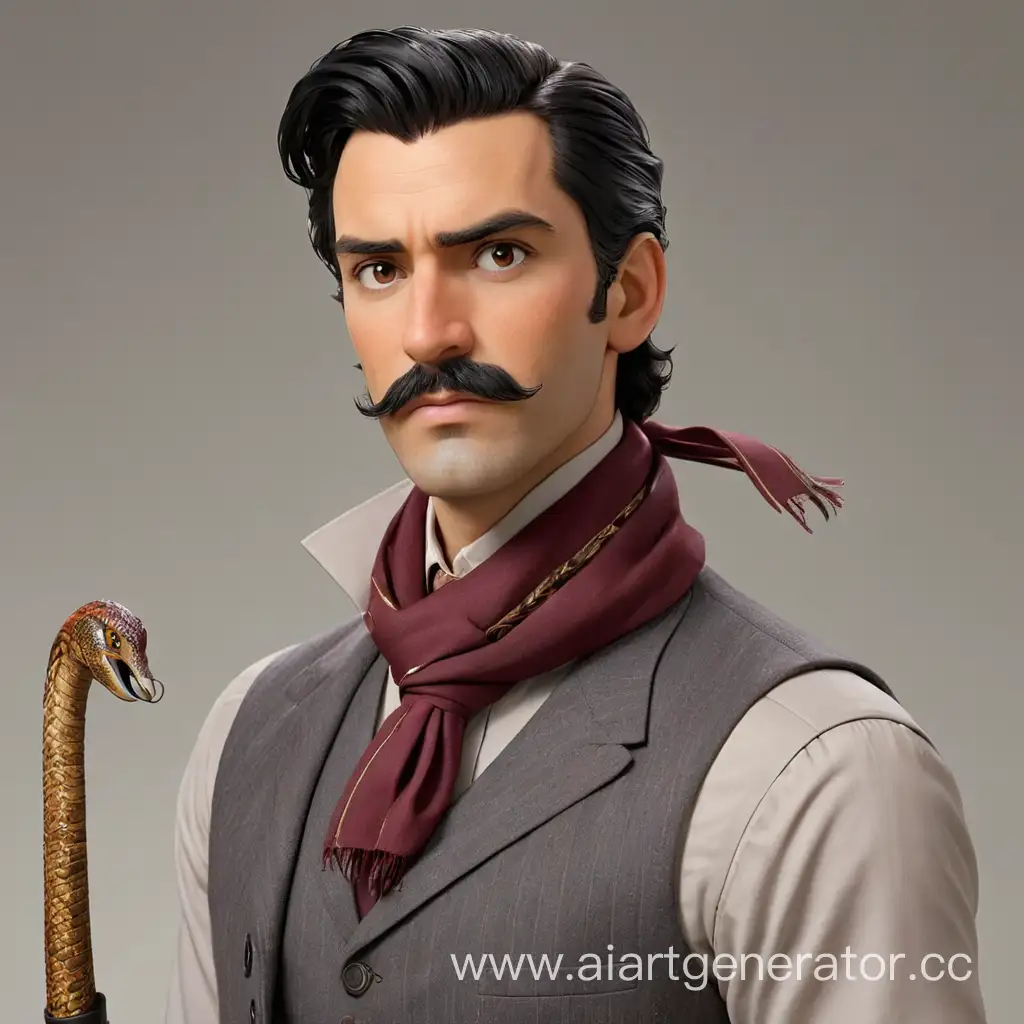 The collector with black hair, mustache and sideburns, a burgundy pinstriped scarf hanging from the shoulders, a grey vest with lapels and a burgundy neckerchief. a cane with a silver cobra-knob in right hand