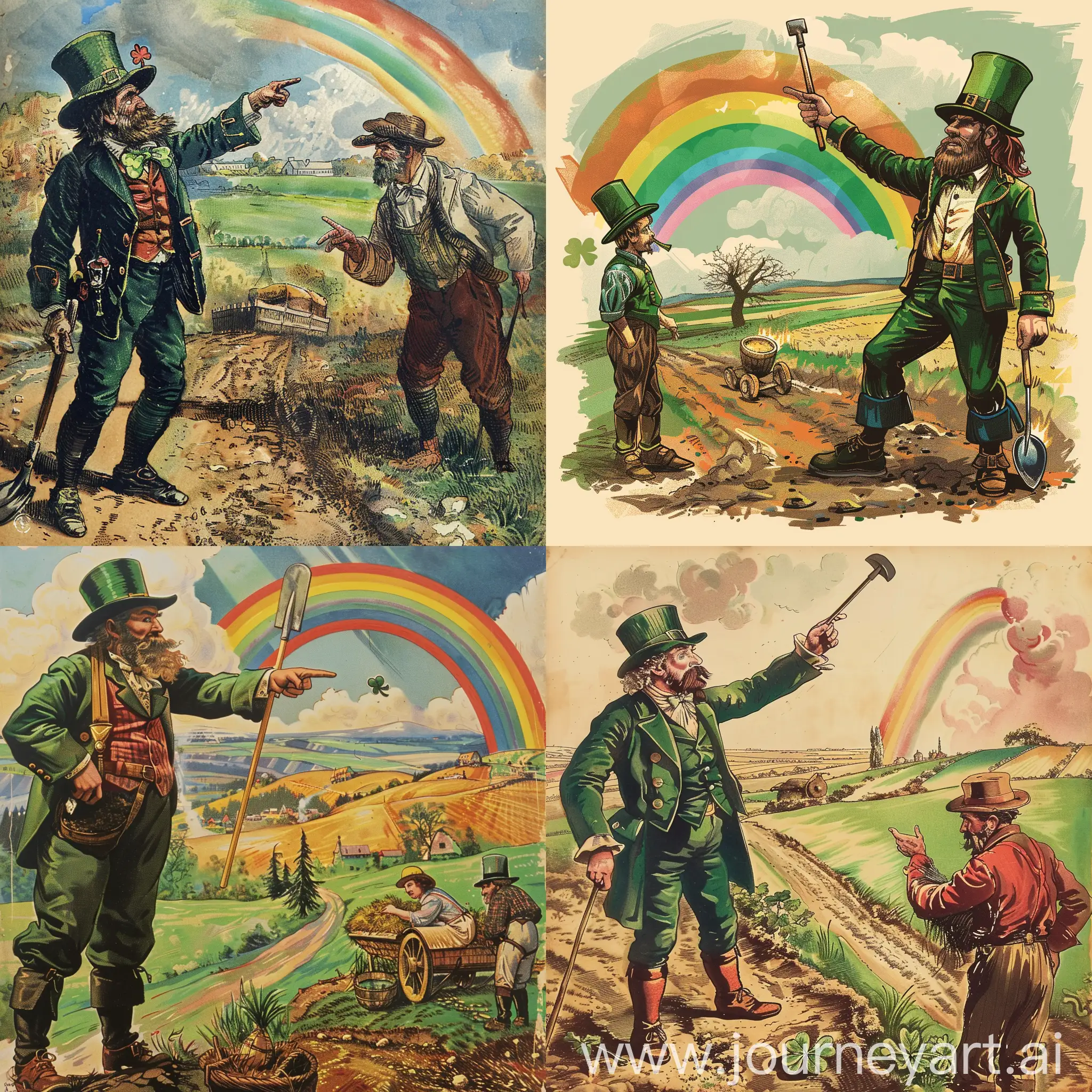 Irish Leprechaun with spade in hand pointing to Rainbow and confused farmer.