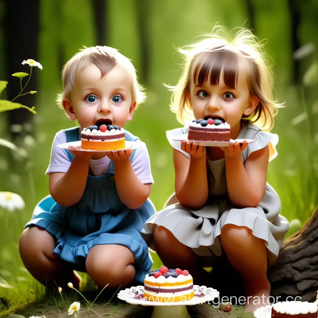 дети едят торт на природе