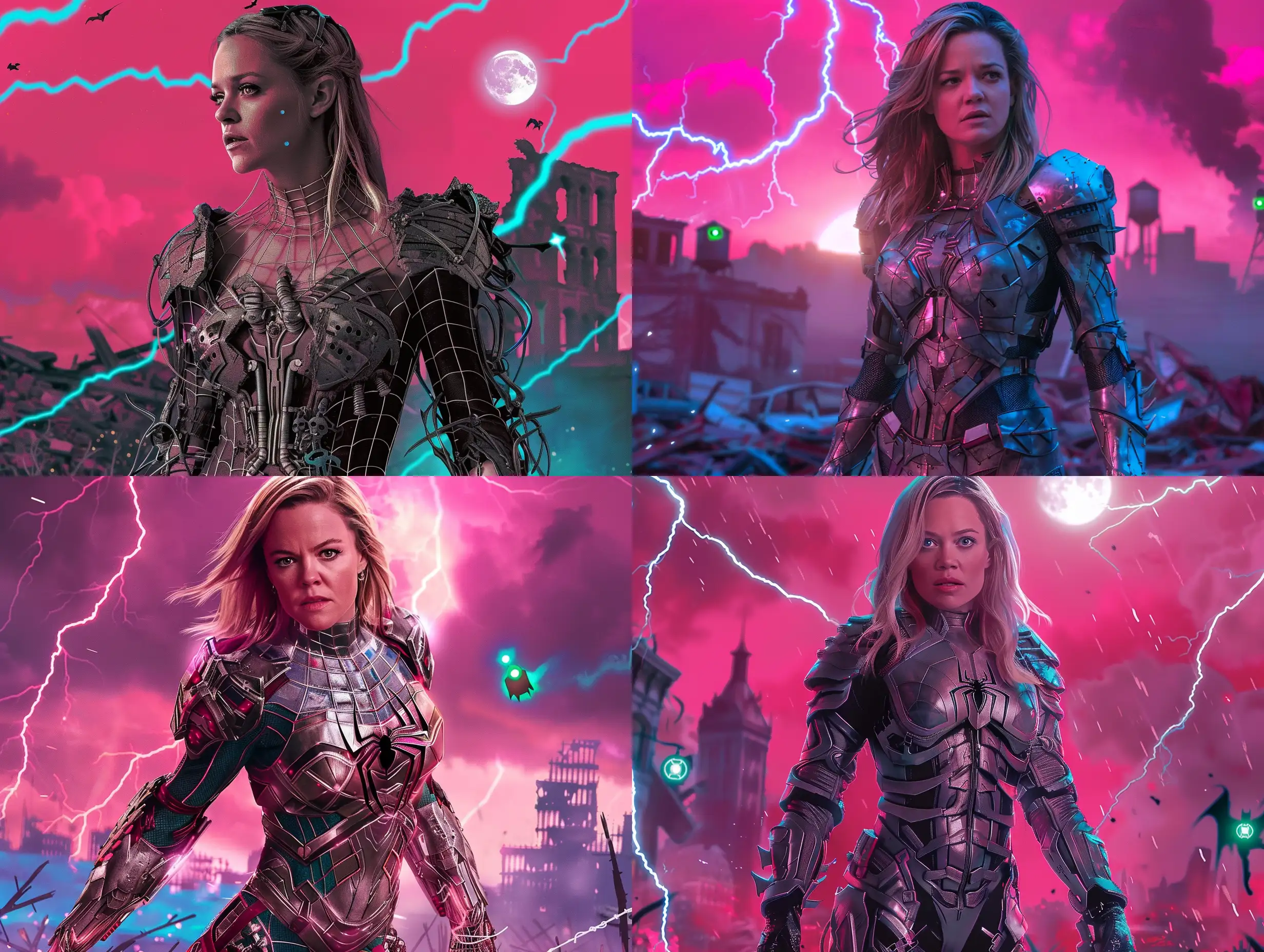 Reese Witherspoon as a superhero, metal spiderwoman outfit, volumetric lighting, masterpiece pose, pink sky, night, blue lightning in sky, volumetric lighting, masterpiece.  super hero, at night, full moon, batman, black widow, green lantern, Destroyed city in background, movie poster, 