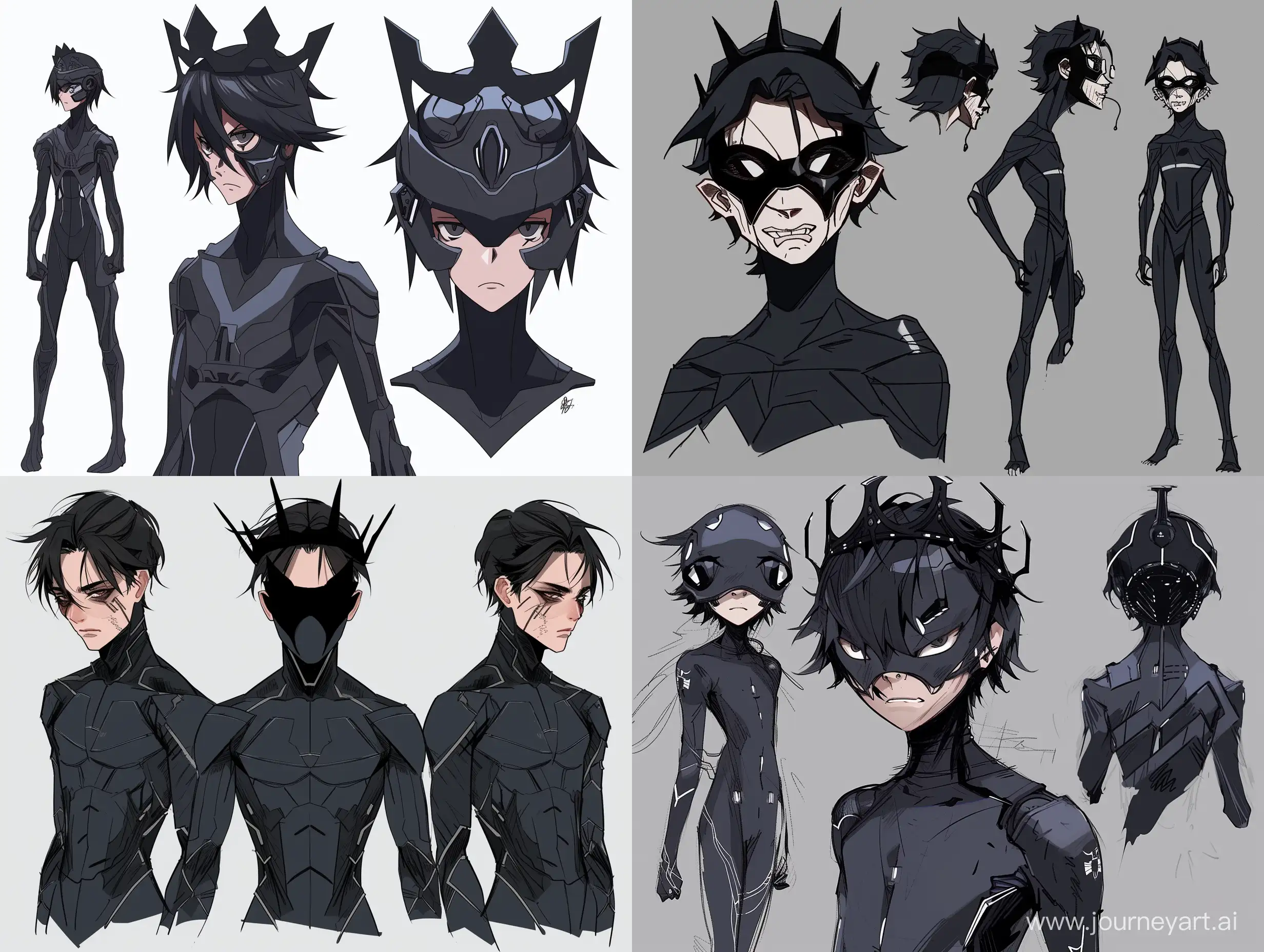 anime style, inquisitor mask black crown ,taskmaster mask, dark hair, black lines , thin body, black future suit, expression sheet 