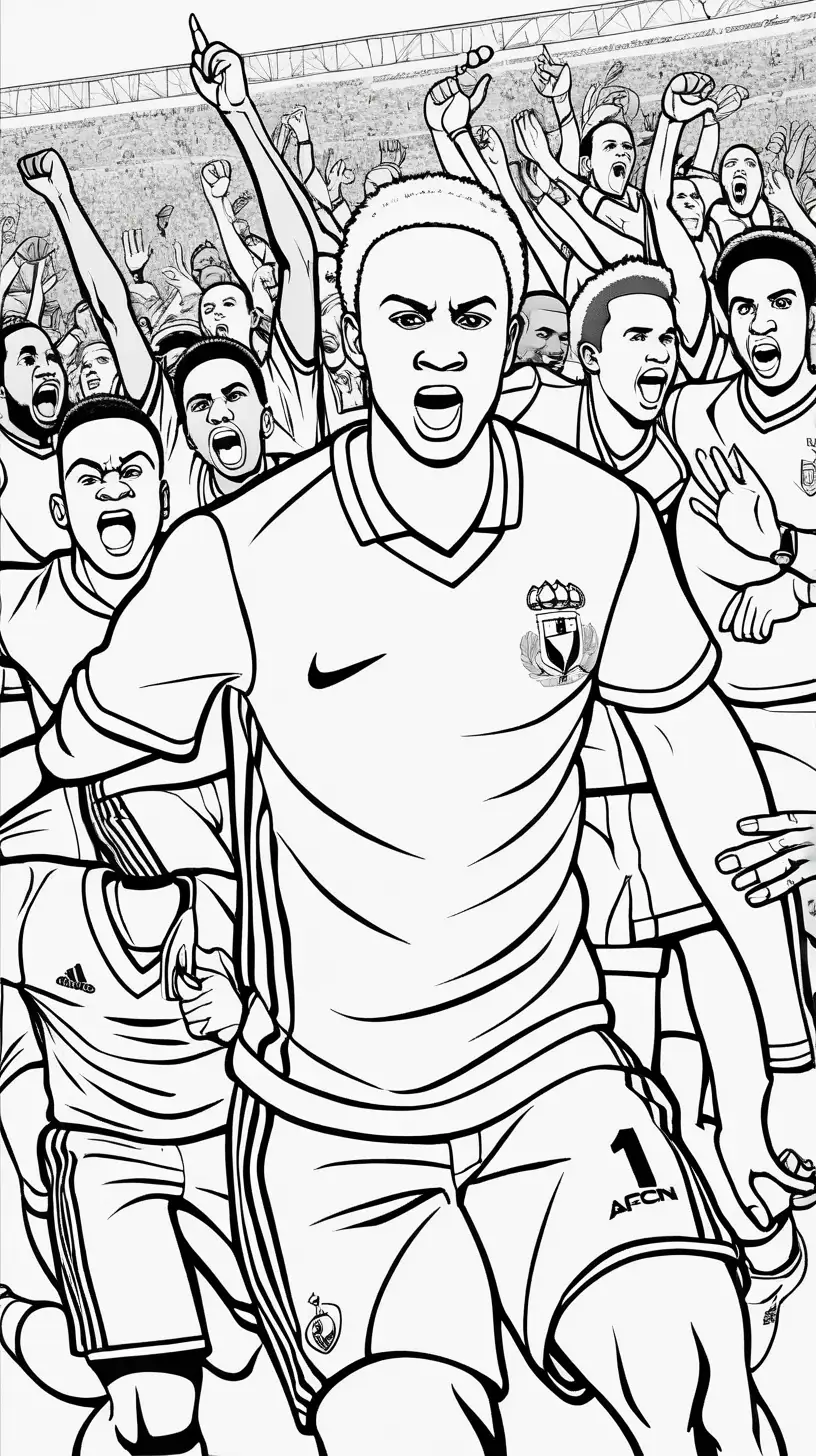 create a colouring book. using Afcon football players dribbling past opponents with a determined expression. in black and white. people cheering and singing for victory