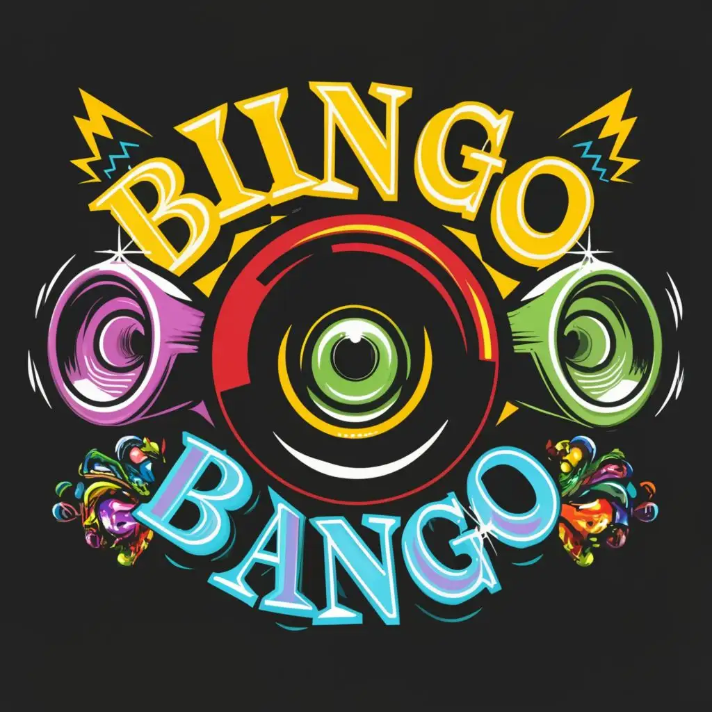 a logo design,with the text "Bingo Bango", main symbol: Text in centre with cartoon speakers in a circle around the text in trippy colors,complex,be used in Entertainment industry,clear background