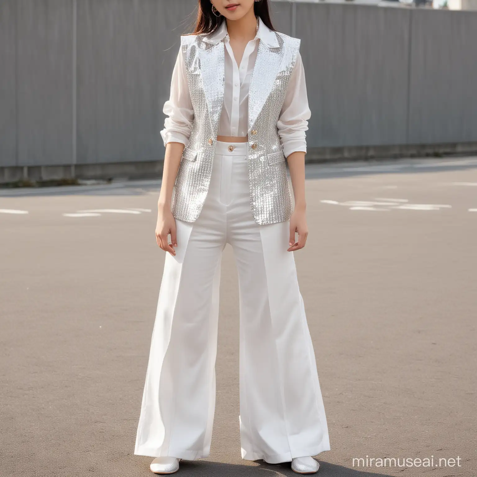 A Japanese girl wears a sparkling white long-arm vest and white flared pants