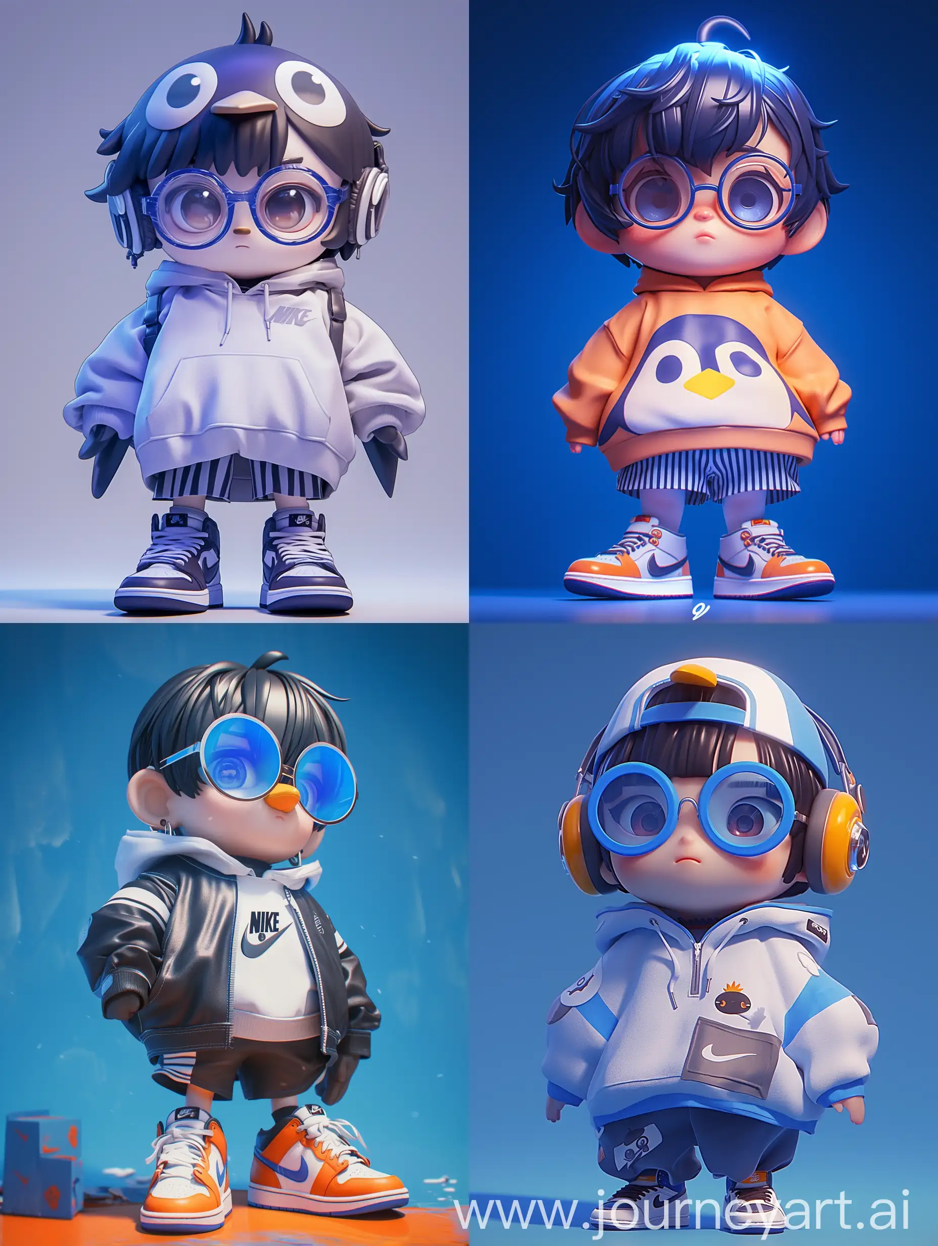 Tencent QQ Penguin, with round blue farsighted glasses, wearing big AJ-1 shoes, horizontal striped sweatshirt, short black hair, special background, full-body lens, exquisite facial features, Nike shoes, Exquisite movements and achievements. front view, movie lighting, ip pop mart blind box, rendering, chibi, ultra high definition, 3d, c4d, behance, depth of field, best quality --ar 3:4 --niji 6 --s 180