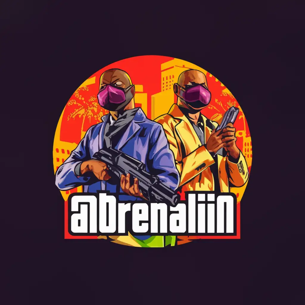a logo design,with the text "ADRENALIN", main symbol:two black people with guns in gta-style masks,Moderate,clear background