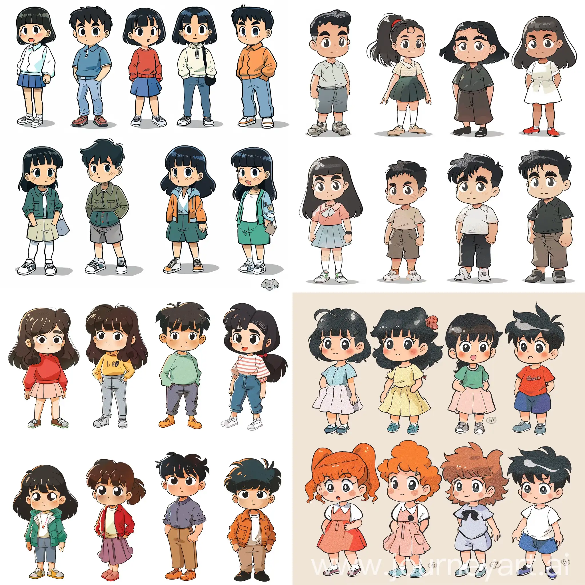Help me design 8 anime cartoon images together, similar to Crayon Shin-chan kind of style. five female and three male, all not too old.
