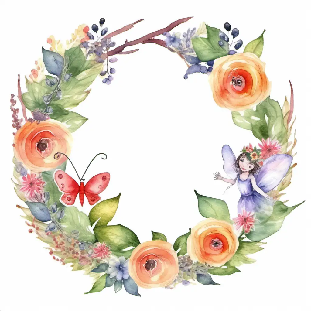 cute whimsical, fairy wreath, vintage, Watercolor, High Quality, isolated on background, suitable for clipart