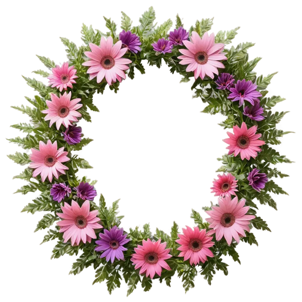 An ornate wreath made of gigantic purple and pink daisies, summer, day.