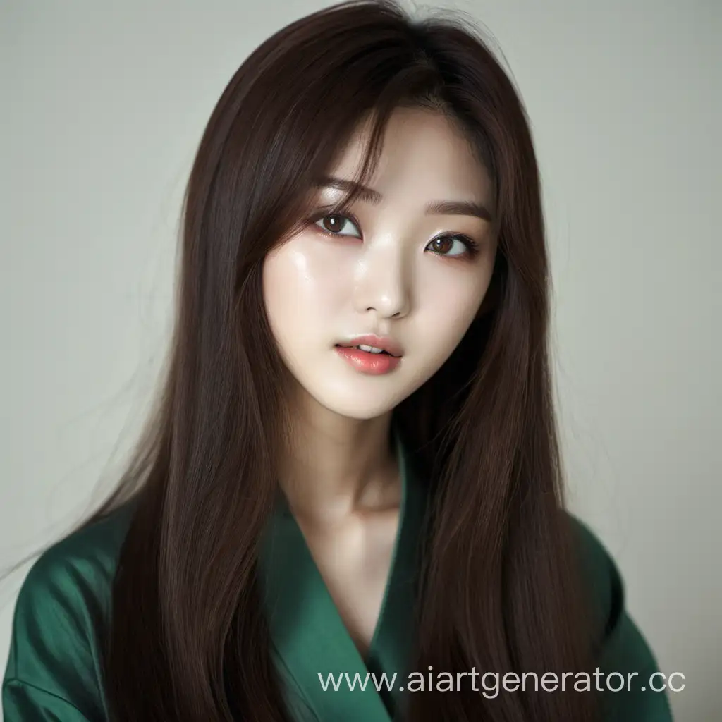 Korean girl with long brown hair and dark green eyes