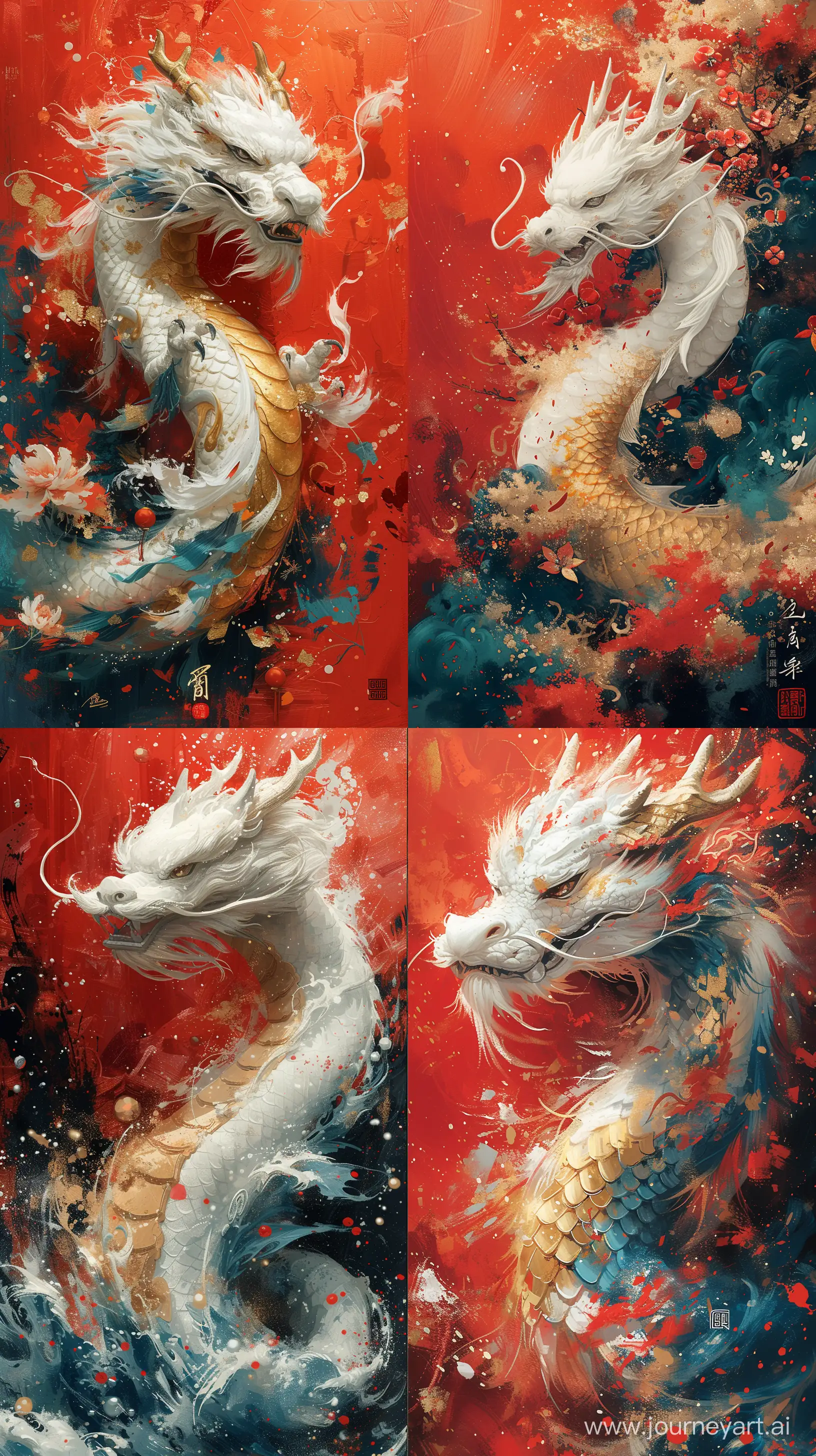a coloful painting of a white Chinese dragon,Chinese Spring Festival, red festive background, dragon body golden , close-up,chinese brush painting style, --ar 9:16 --stylize 750 --v 6.0