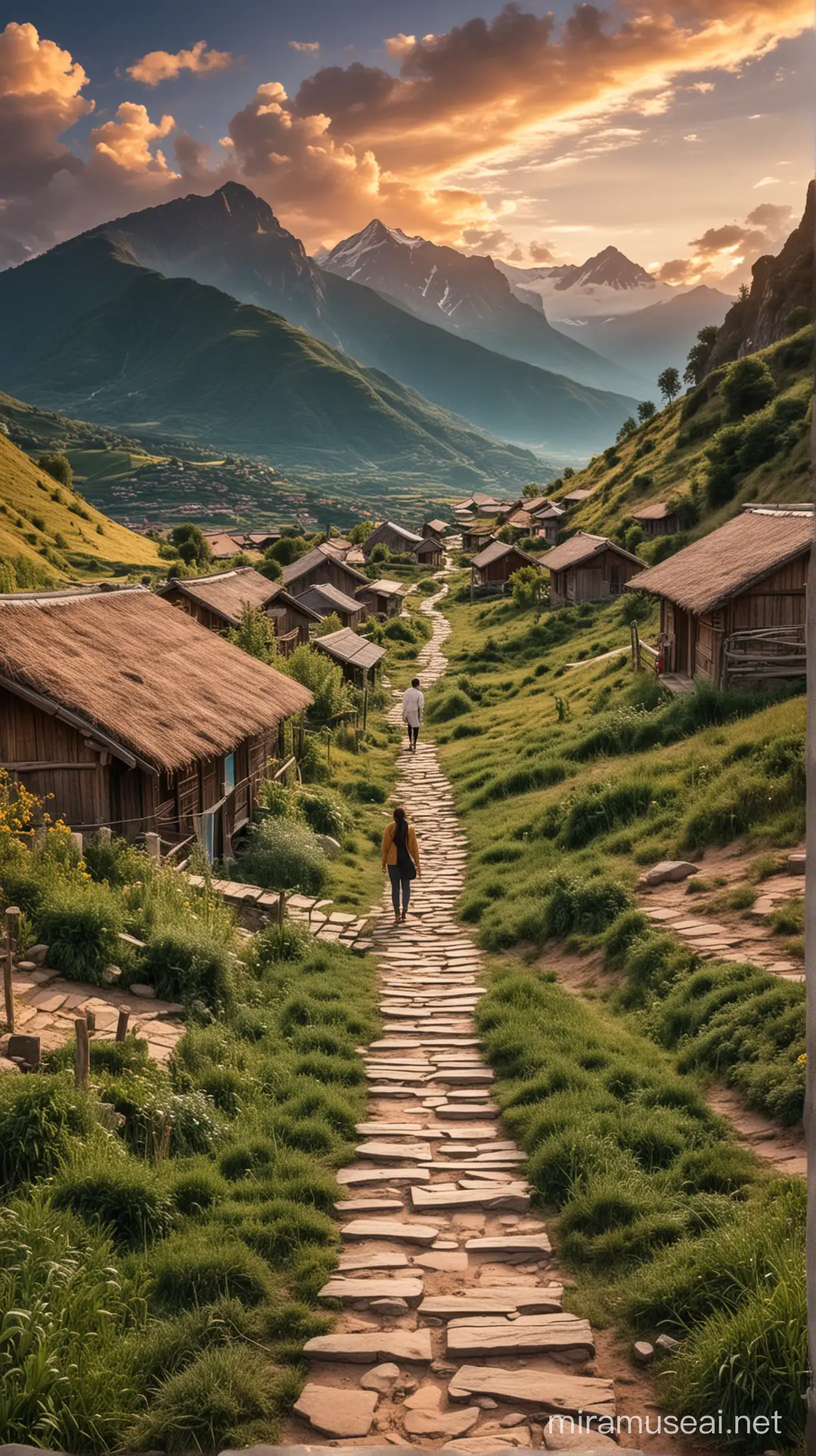 Person standing in front of three pathways  in a village settings with mountain and beautiful sky