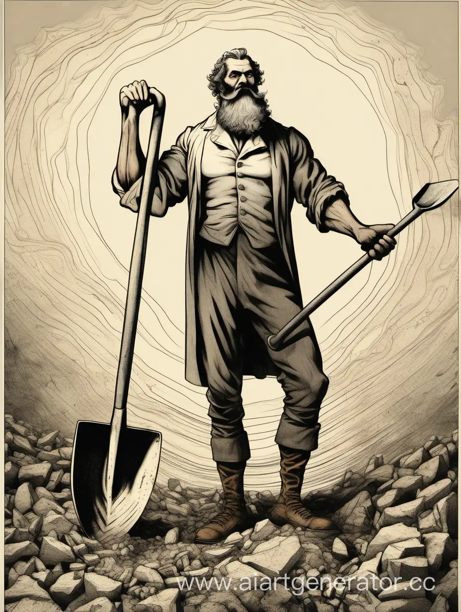A tall man of 178, muscular, bearded, with a shovel and a tangle of earth in his hands.