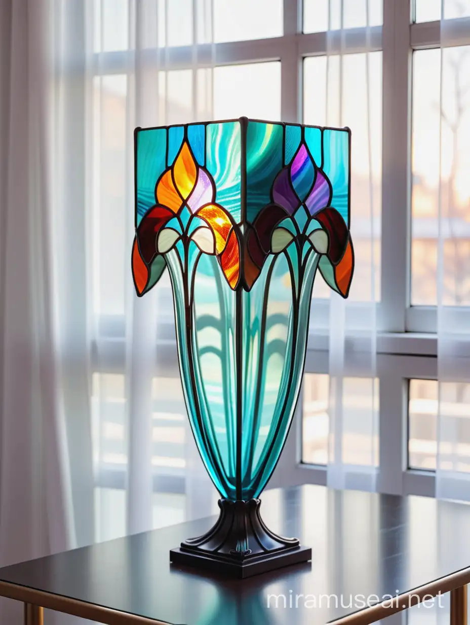 витражная ваза- куб из цветного стекла тиффани в стиле ар нуво стоит на столе на фоне цтор из  белой органзы