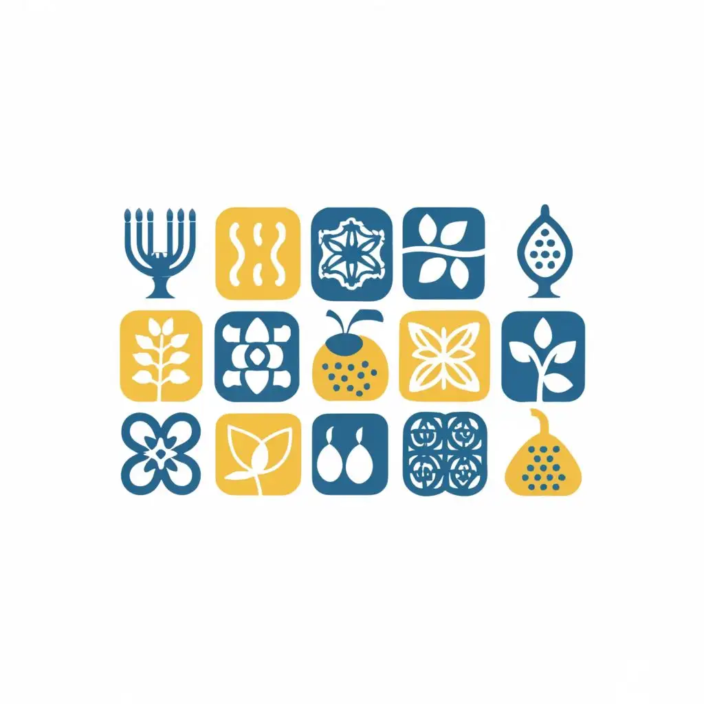 logo, Kitchen tiles, in every style different Jewish symbol, hamsa, lemon, date, wine, white, simple, blue, yellow, white, with the text "Kosher grannies", typography