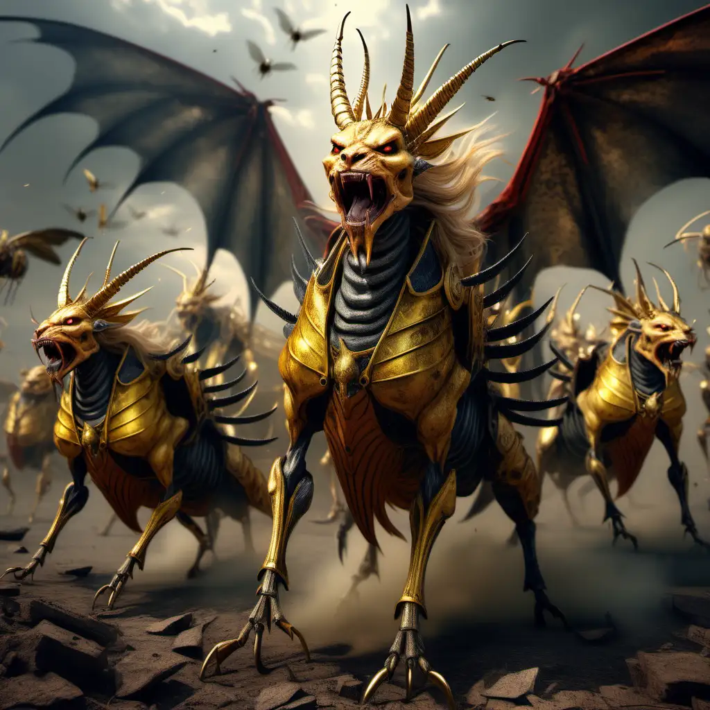 Demonic locusts looking like horses with wings prepared for battle wearing crowns of gold, having human faces and hair like women's hair and lion's teeth, wearing breastplates of iron and having scorpion tails with stingers

