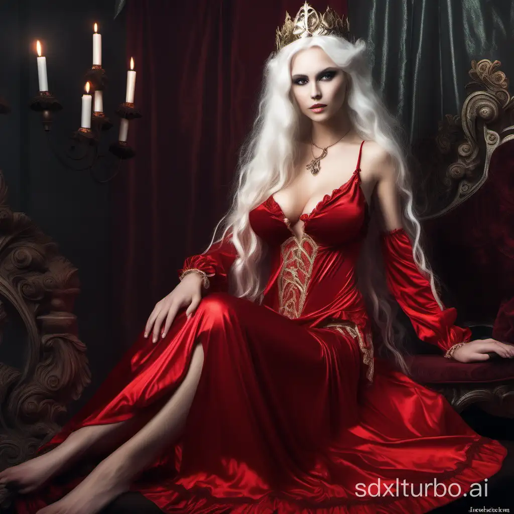 a busty russian elf princess wearing a red silk deep v revealing detailed frilly renaissance lingerie dress, sexy, naked wide hips, oiled skin, long whie hair, thin waist
