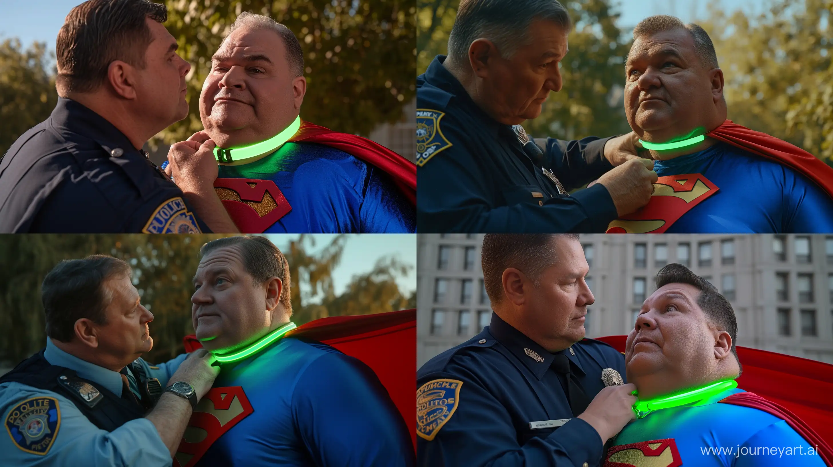 Close-up photo of a chubby man aged 60 wearing a silk navy police officer. He is tightening a tight green glowing neon dog collar around the neck of a chubby man aged 60 wearing a tight blue silk 1978 superman costume with a red cape. Natural Light. Outside. --style raw --ar 16:9