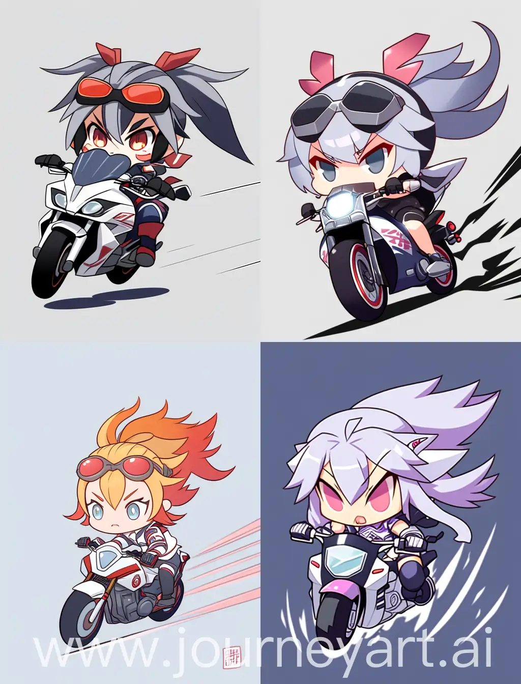 angry chibi anime girl riding a motorcycle, cartoon anime style, with strong lines, with grey solid background