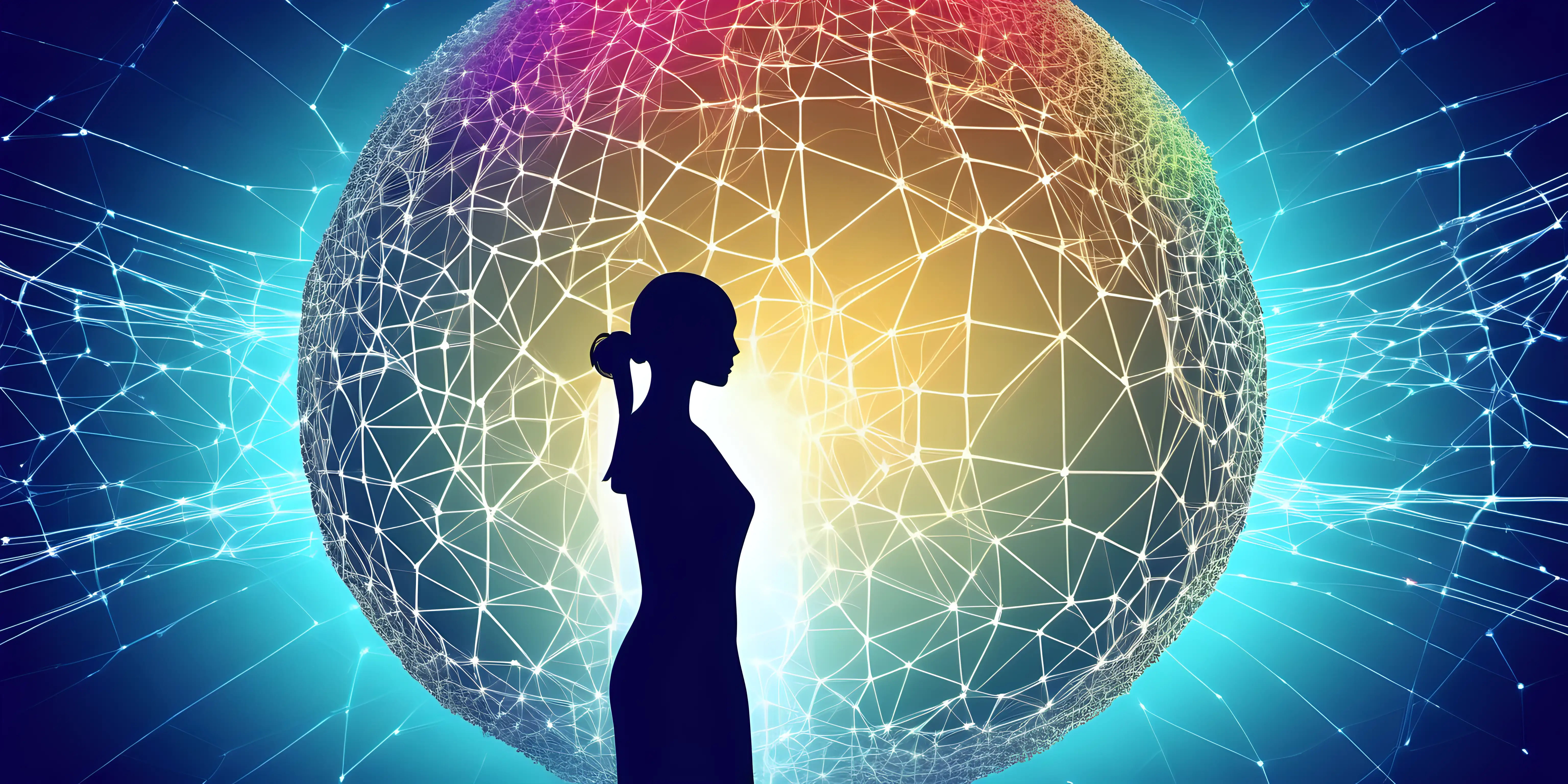 stylized large artificial intelligence neural network with colorful nodes in front of a silhouette of high-tech blue globe. A  small  silhouette of mom dressed in short colorful dress  on blue high-tech background.