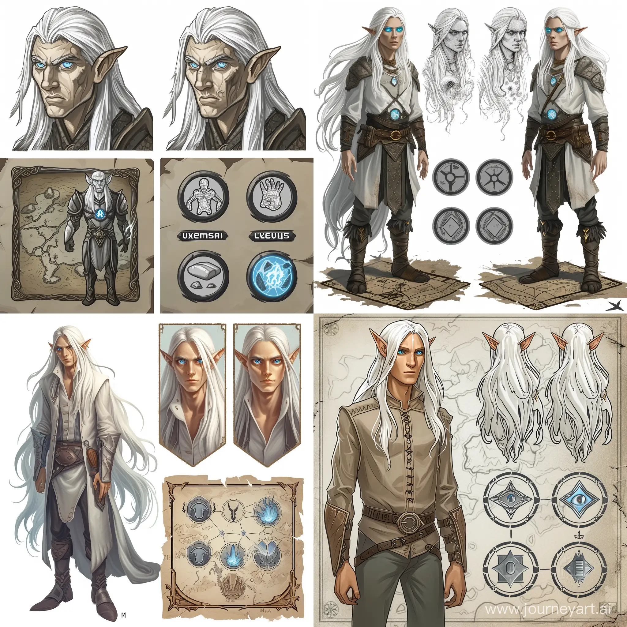 draw 4 different versions of the pictures. The game character is an elf with long white hair and blue eyes. next to the character is an icon of his super abilities of two types. unexplored, gray in color and researched, available for use. the character stands on a playing field similar to an ancient map. Draw everything in the style of hand paint