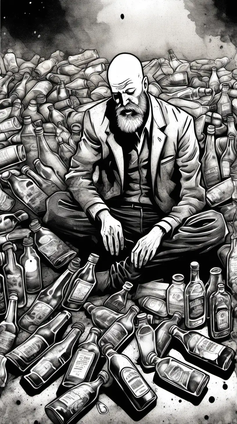 a filthy bald man with a beard laying on the floor surrounded by empty bottles of liquor, puddle of vomit, filth. Fine liner ink art
