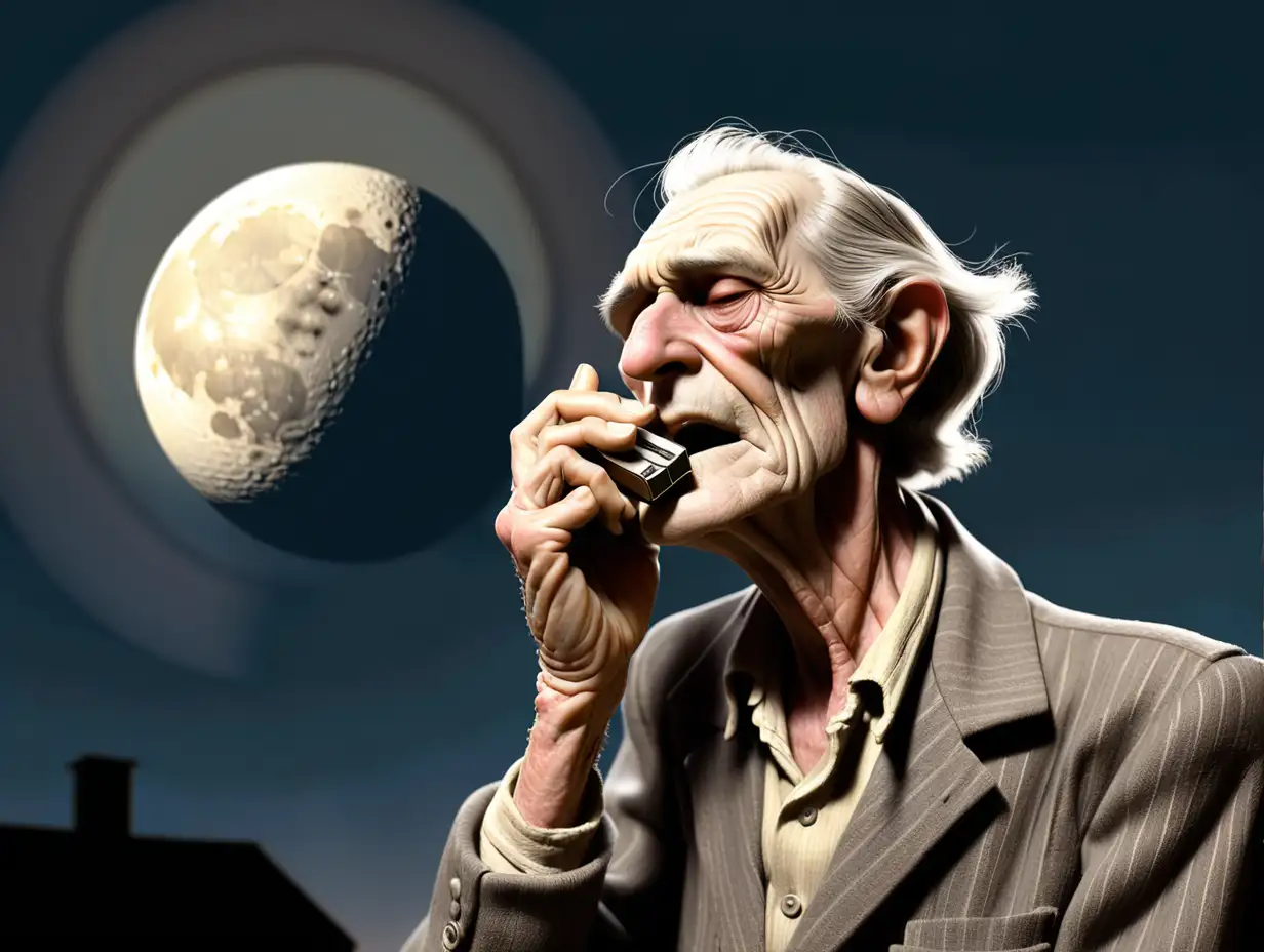 Old harmonica player in front of a rising moon
