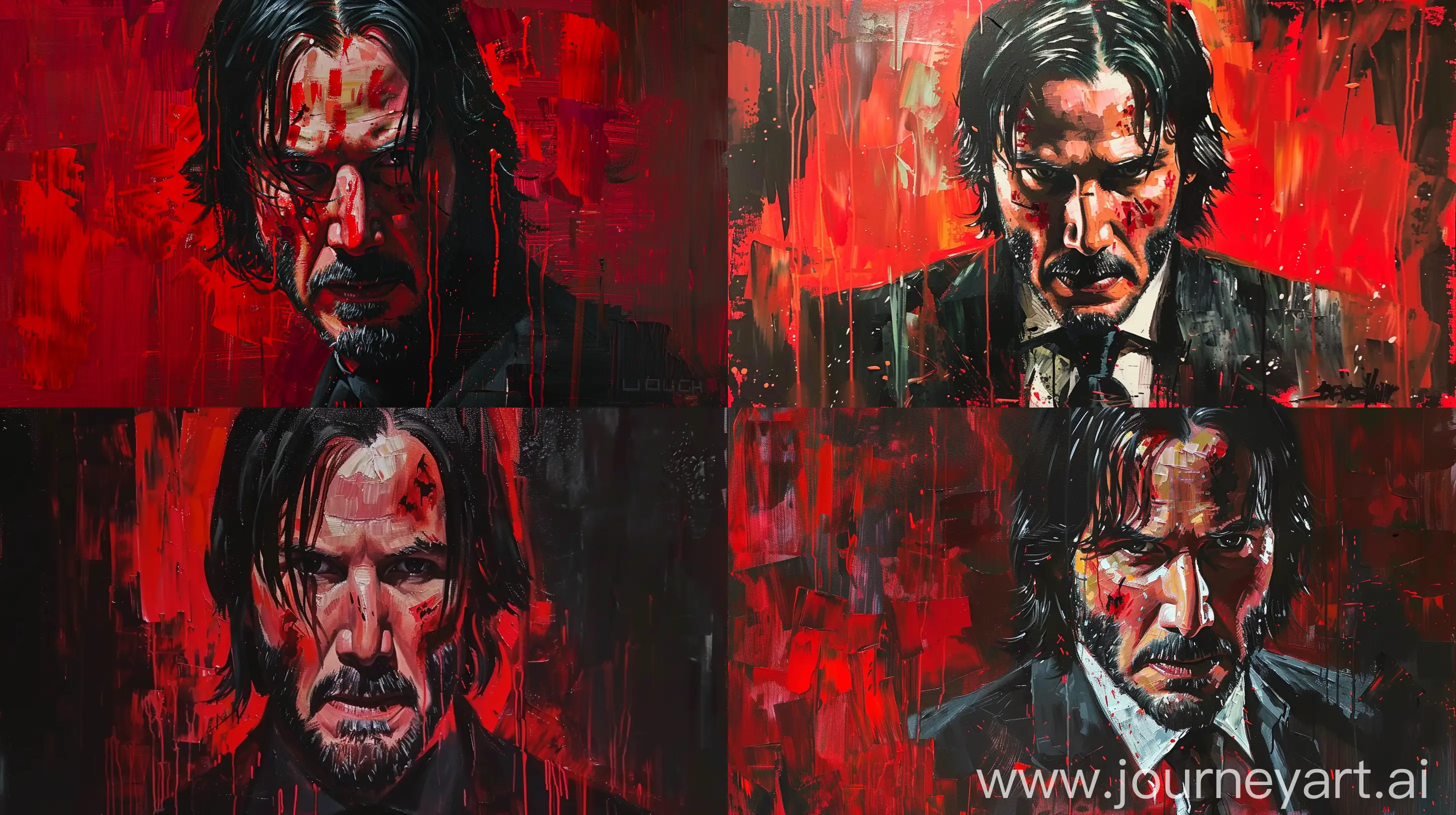 oil painting of john wick in star wars style with bright red. There are also touches of skin tone on face --ar 16:9 --c 5