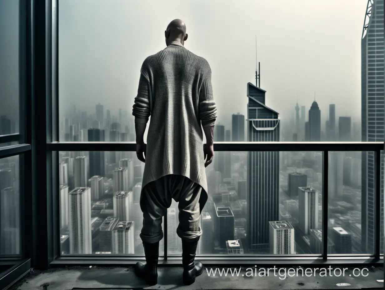 a white bald man wearing a grey cardigan, short pants and boots of rick owens, looking from an apartment of a high skyscraper on a city like in blade runner.  show full body. arms fold behind back. afternoon. very detailed, 4K HQ, depth of field, f/1.2, Leica, 8K HDR, High contrast. Subject: The Human-to-background ratio is visually striking at 1:20