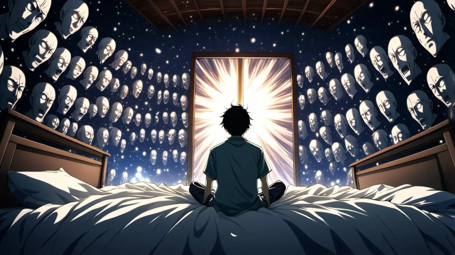 POV of a man looking at the end of his bed that is surrounded by spiritual souls, anime style