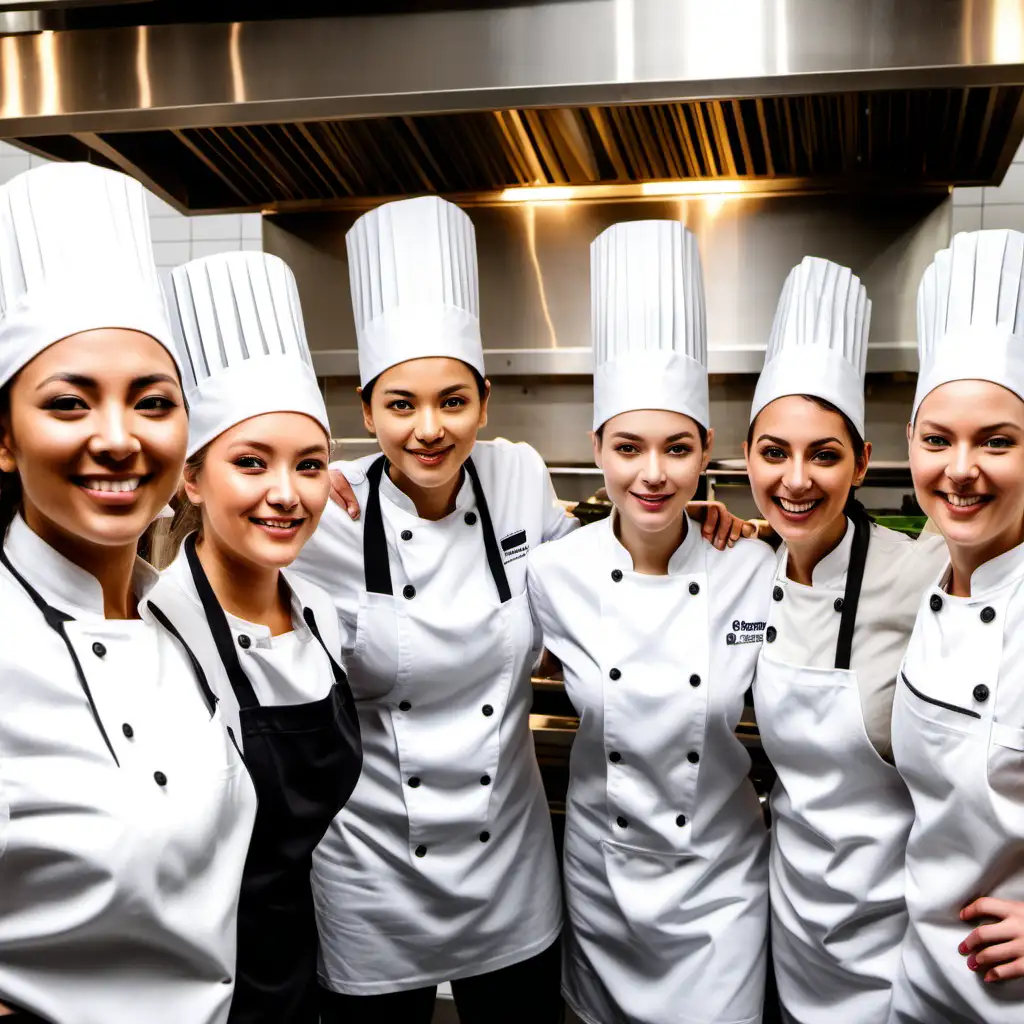 International female chefs co-op for business standing in commercial kitchen, a big group of international female chefs with one male chef, one male chef among a group of female chefs