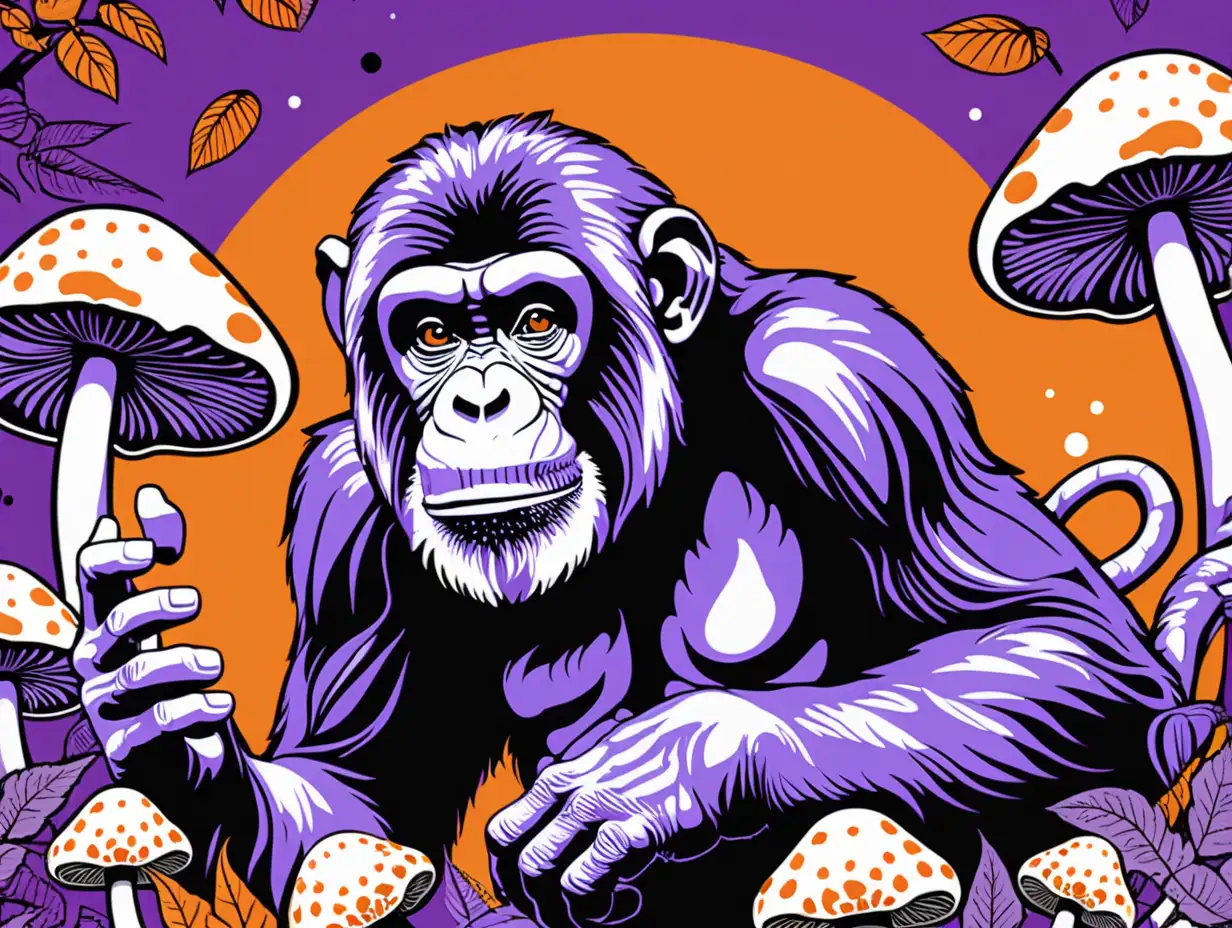 stoned ape thery poster, purple orange black, chimpanzee eating mushrooms graphic art