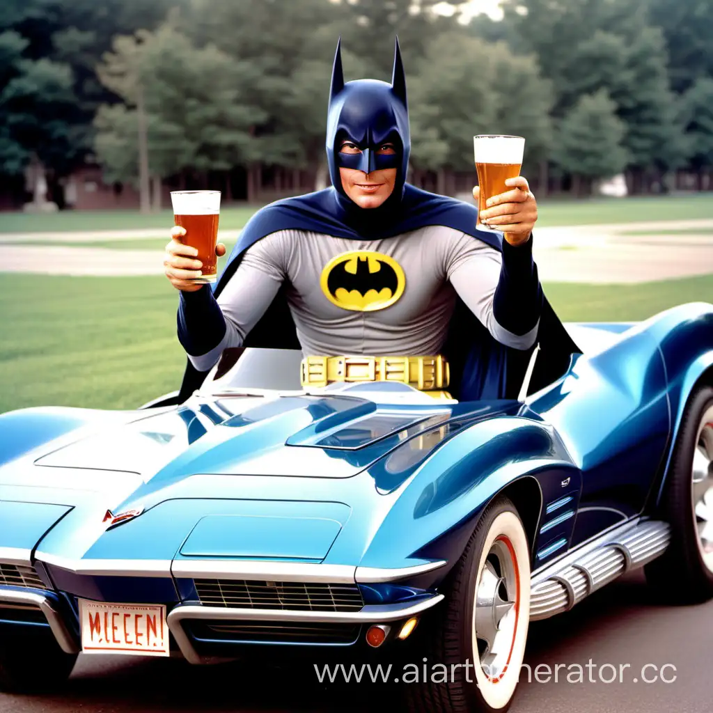 Adam west Batman in 1968 corvette holding a beer