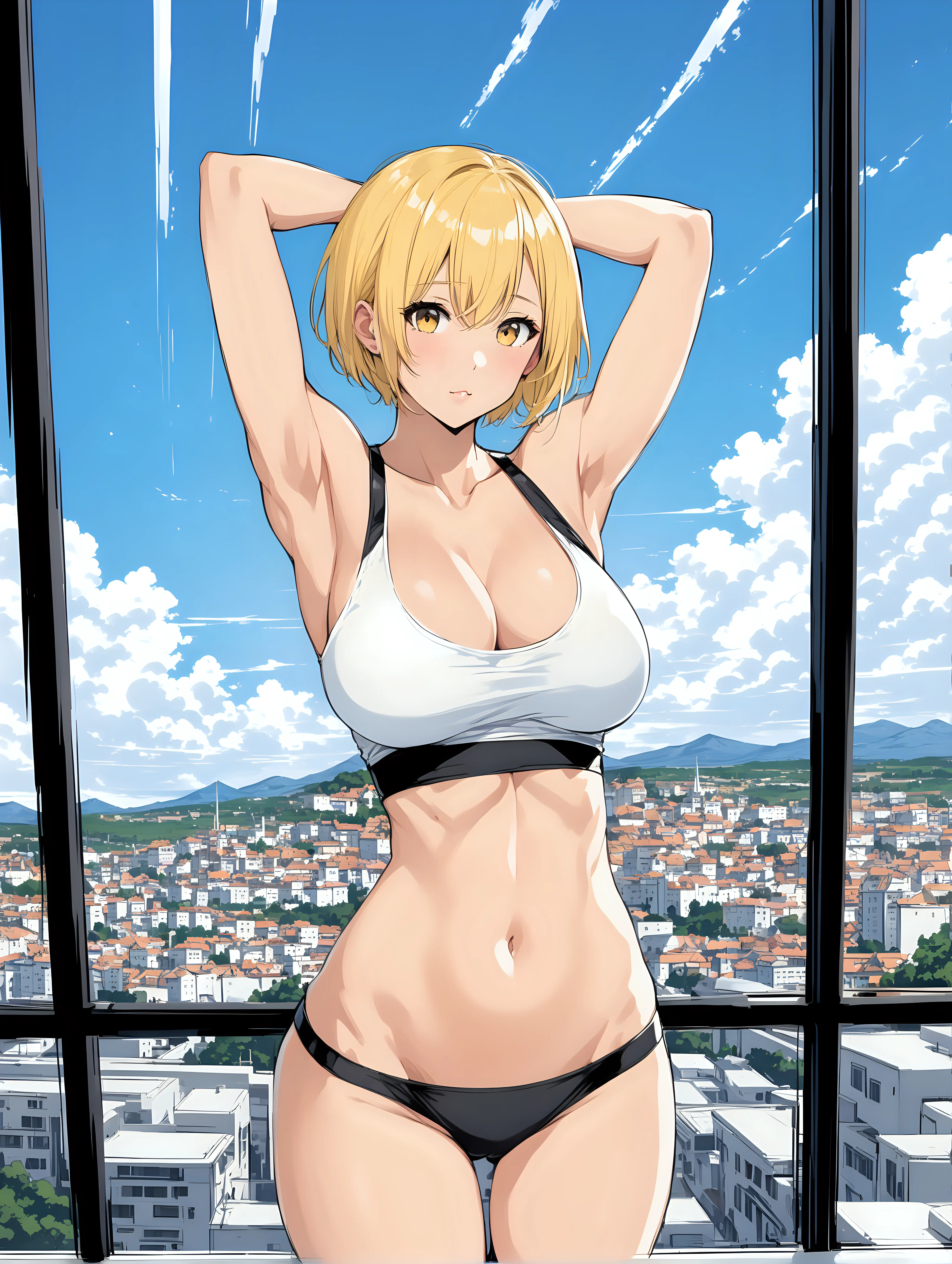 sexy fit 24 year old hero girl, short chin length yellow hair, lifting up white tank top over head exposing breasts, wearing short, black panties, sexy toned body, blue sky and futuristic town in background through window, yellow black white 3 color minimal design