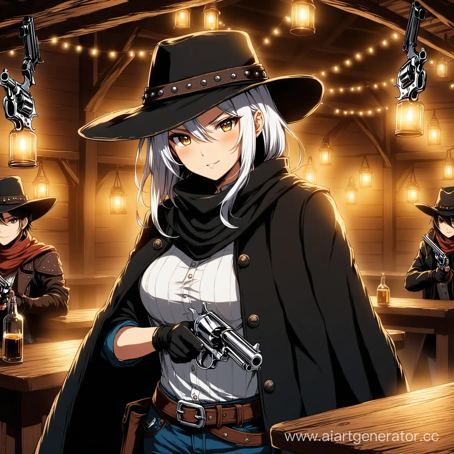  anime cowboy gilr bandit, western style breaks into a tavern with two revolvers, black coat, detail guns and shadown, fairy light into the tavern