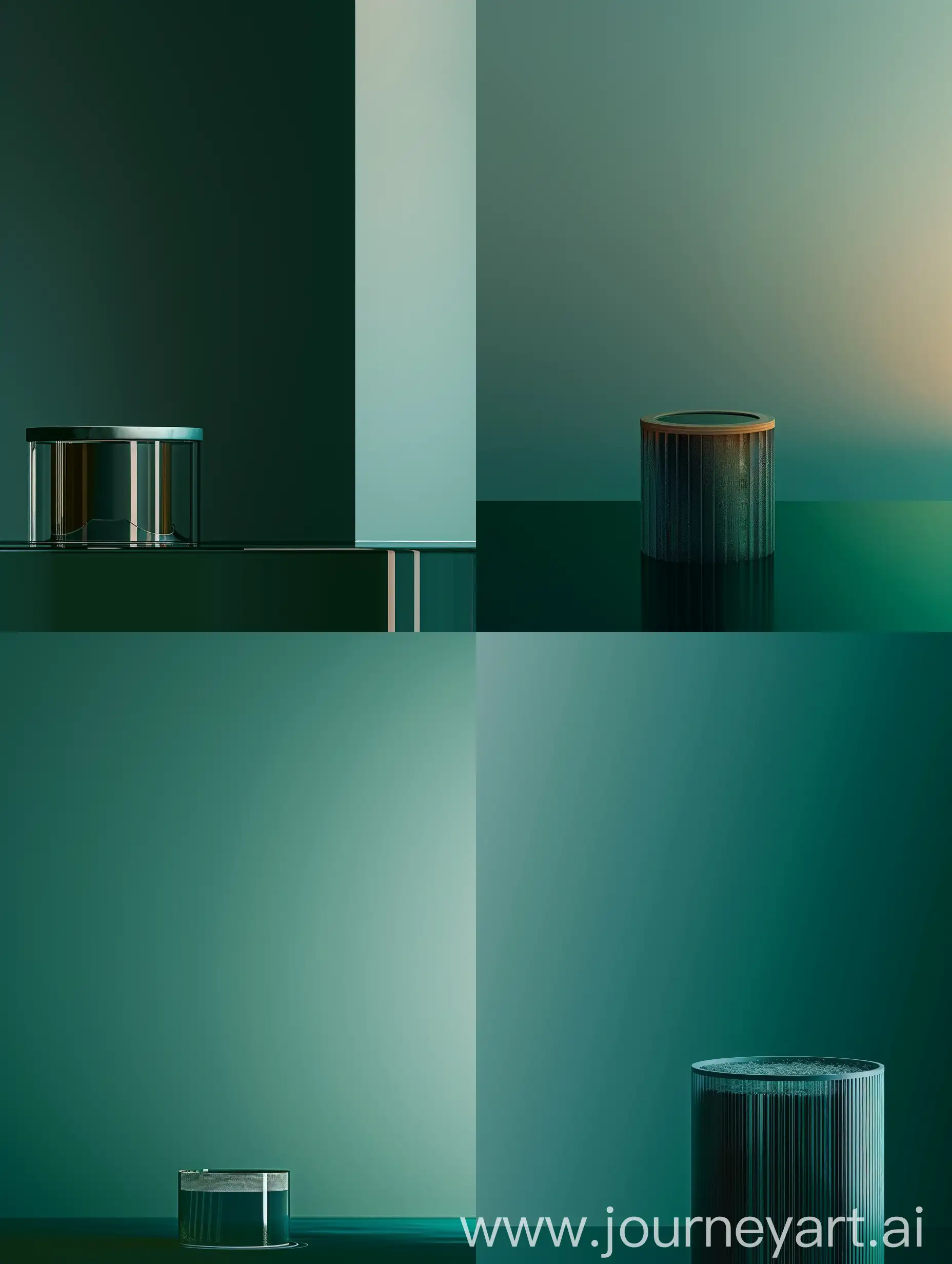 The background is a gradient. Dark green at the bottom, light blue at the top in the right corner. In the center is an image of a modern water filter. High quality. No noise. 8k. render. Hyperrealism.