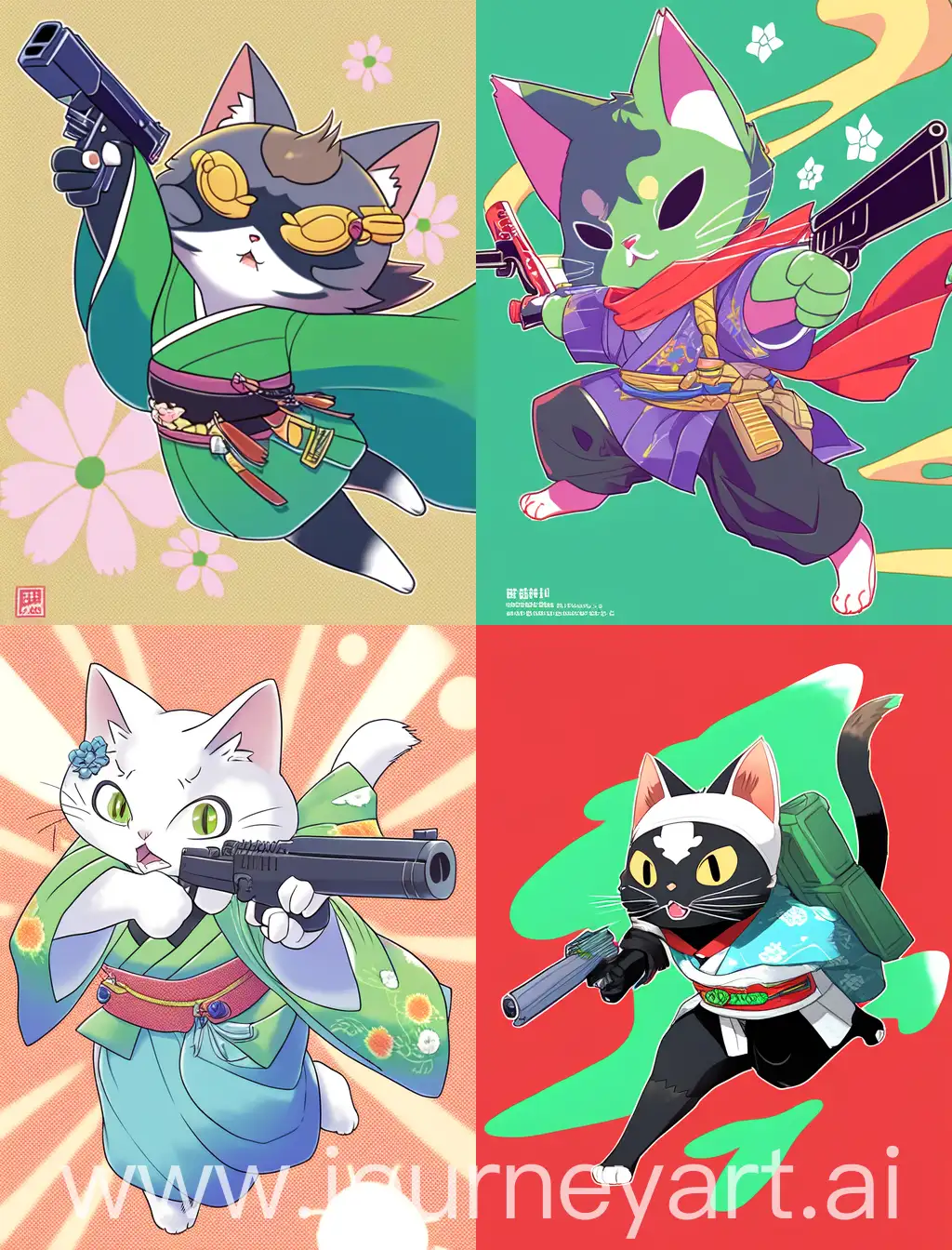 A cat wearing kimono, holding a gun, jumping, with solid green background 