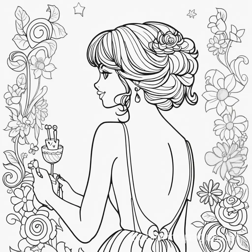Birthday.lady with fine back, Coloring Page, black and white, line art, white background, Simplicity, Ample White Space. The background of the coloring page is plain white to make it easy for young children to color within the lines. The outlines of all the subjects are easy to distinguish, making it simple for kids to color without too much difficulty