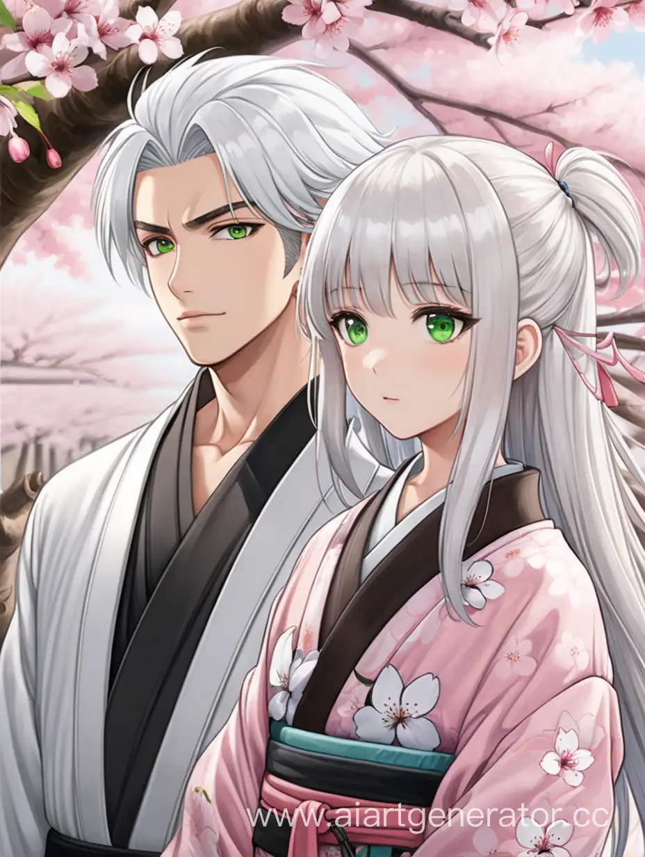 Stylish-Duo-WhiteHaired-Gentleman-and-Cherry-Blossom-Kimono-Girl
