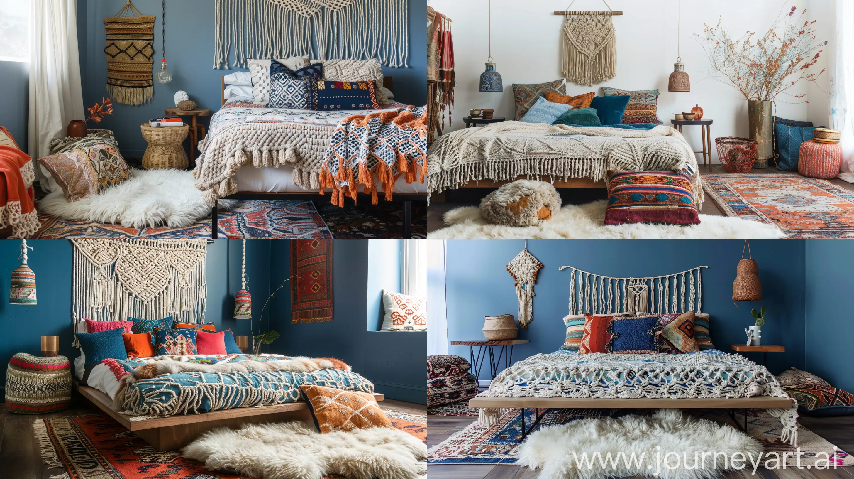 Eclectic Scandinavian Bedroom. Imagine a platform bed with a macramé headboard, a cozy sheepskin rug, and minimalist Scandinavian furniture accented with colorful, patterned throw pillows, Cool Nordic blues, warm earthy neutrals, and pops of vibrant Bohemian patterns. These colors create a soothing yet dynamic space. --ar 16:9