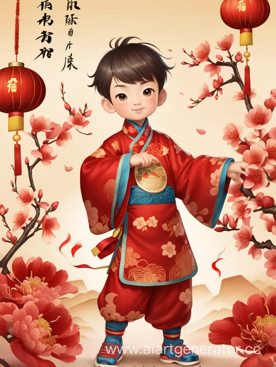 A postcard for the Chinese New Year, where the main character is a boy